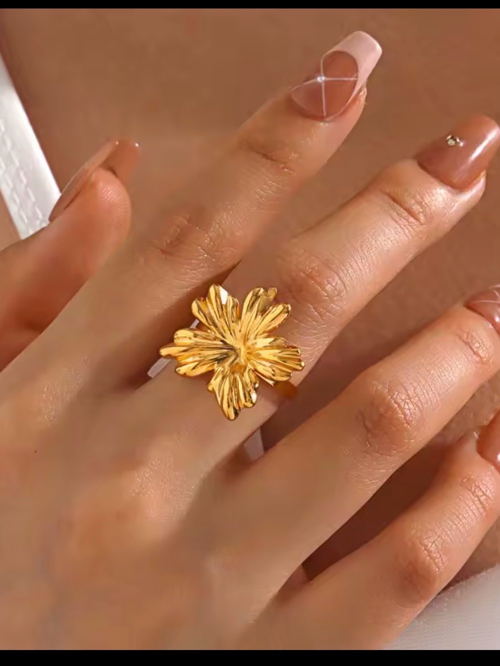 18k Gold plated Floral Statement Ring - Polished Stainless Steel